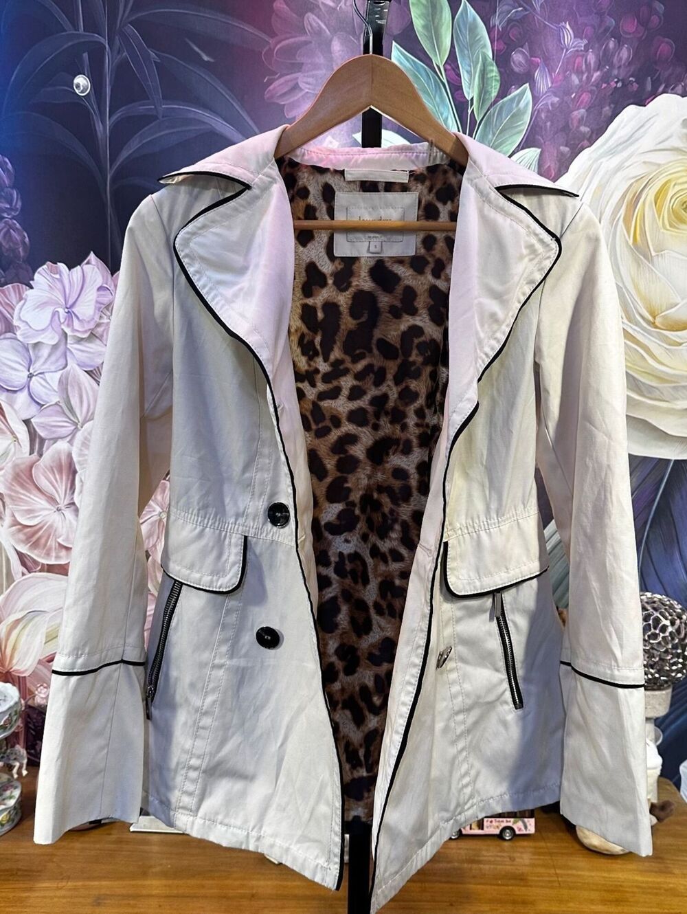 Laundry by Shelli Segal S Trench Coat Black Piping Leopard Lining Y2K Classic